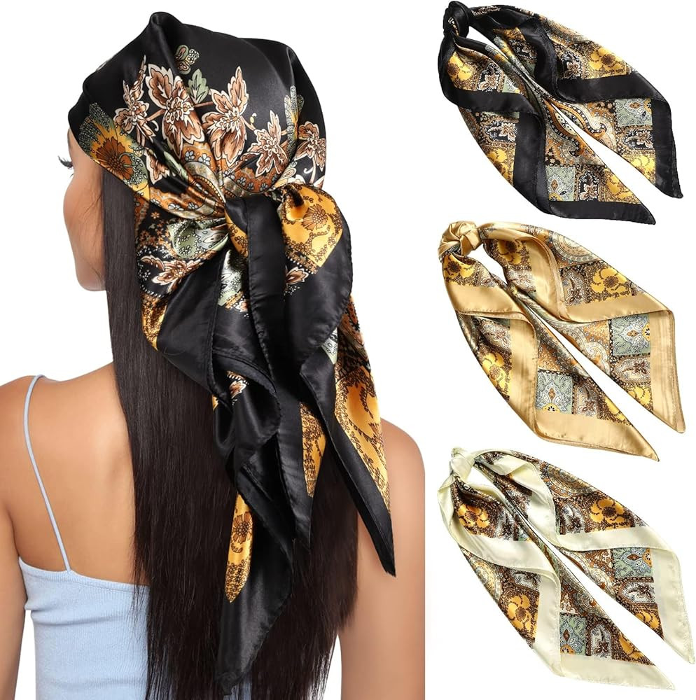 AWAYTR 35\u201d Large Square Satin Head Scarf - 3Pcs Satin Hair Scarves Silk Bandana Scarf Headsc... | Amazon (US)