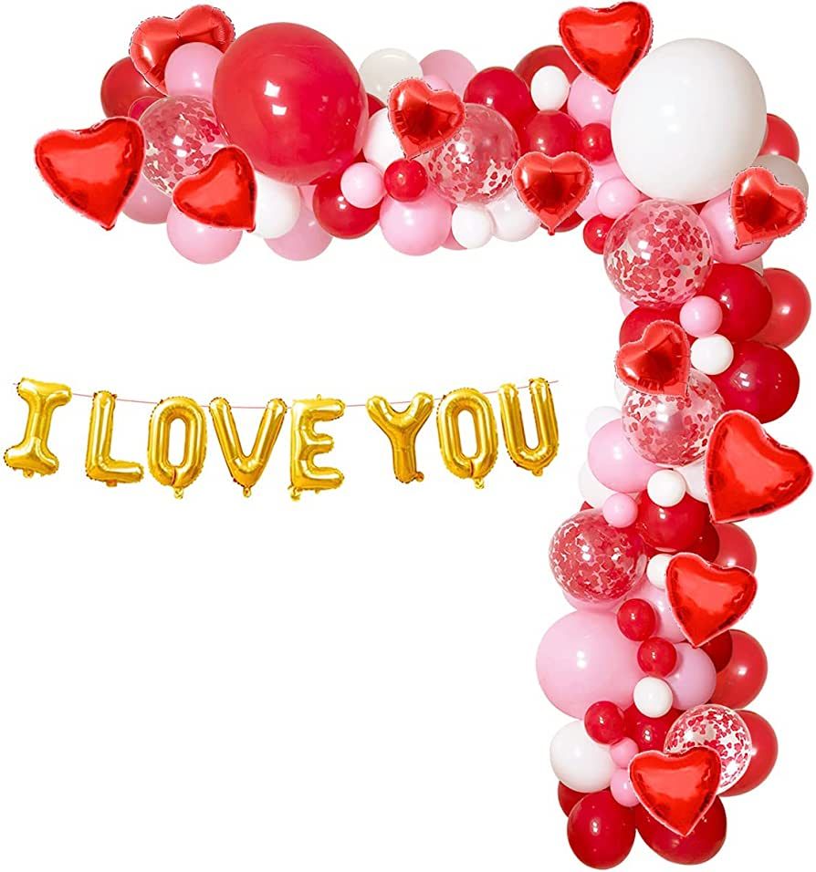 KONGKI Valentines Day Balloon Arch Garland Kit, I Love You Balloons and Red Heart Pink White Conf... | Amazon (US)