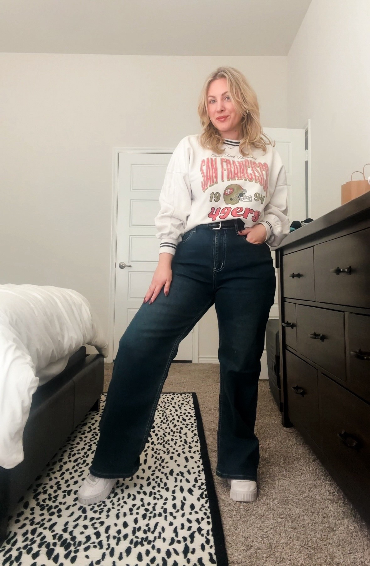 49ers watch party outfit - game day ootd! What I wore for NFL Sunday football events. LOVE the Abercrombie NFL line; these sweatshirts are so cozy and soft! I went down 2 sizes as they’re super oversized. 

#LTKStyleTip #LTKSeasonal #LTKMidsize