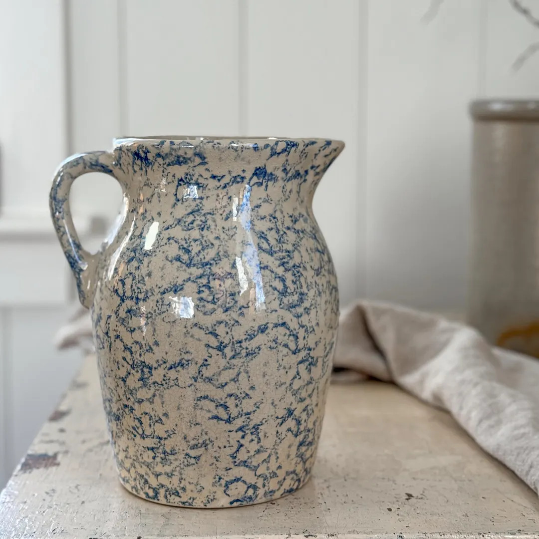 Vintage Blue Spongeware Stoneware Pitcher | RRP Roseville, Ohio | Farmhouse & Primitive Decor | Etsy (US)