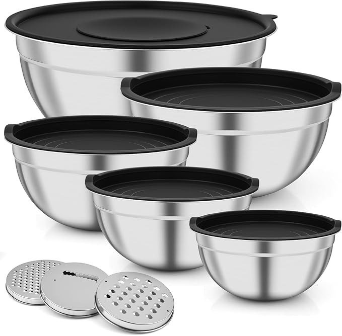 Ciotole Acciaio Inox Cucina, Set 5 Pezzi Insalatiera Acciaio Inox con 3 Grattugie, Lavabile in La... | Amazon (IT)