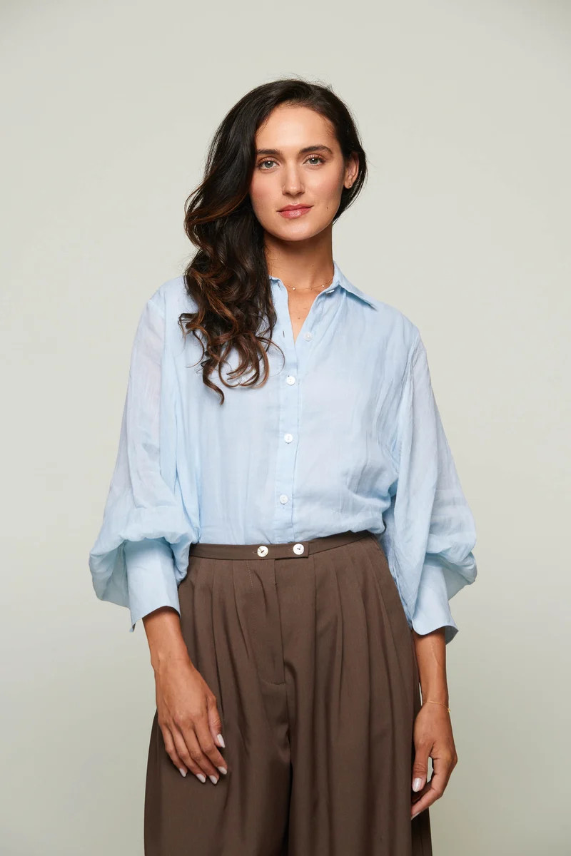Carmine Long Puff Sleeve Collared Button Up Top - Ice Blue | Benaar La