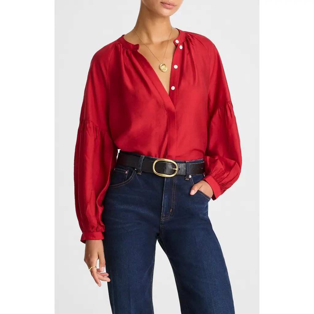 Madewell Shirred Balloon Sleeve Button-Up Top in Crimson at Nordstrom, Size Xx-Small | Nordstrom