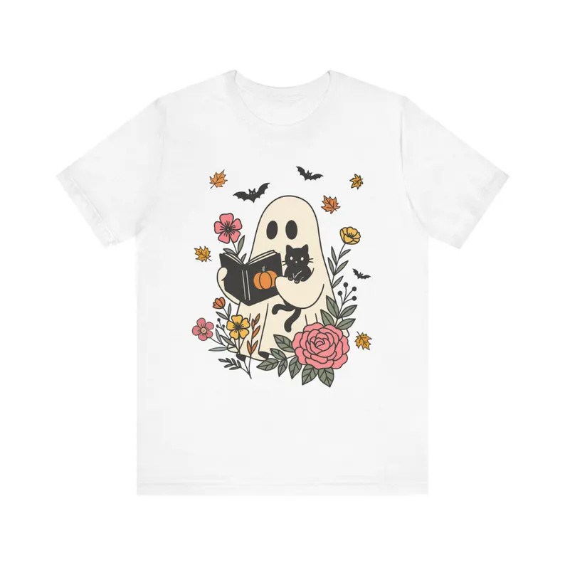 Ghostly Bookworm Tee: Whimsical Unisex Short Sleeve Shirt, Perfect for Halloween, Book Lovers, Co... | Etsy (US)