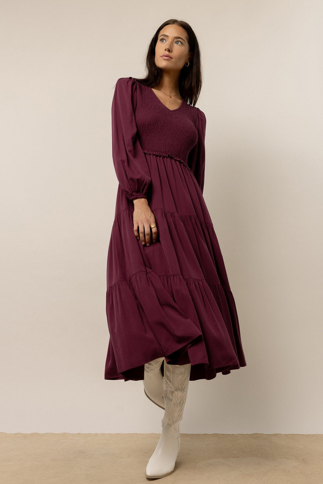 Smocked Tiered Midi Dress in Purple - böhme | Böhme US