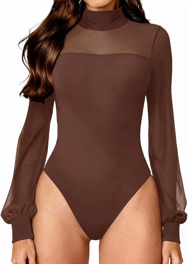 Avidlove Long Sleeve Body Suits Womens Mesh Turtleneck Bodysuit Thong Dressy Going Out Bodysuits ... | Amazon (US)
