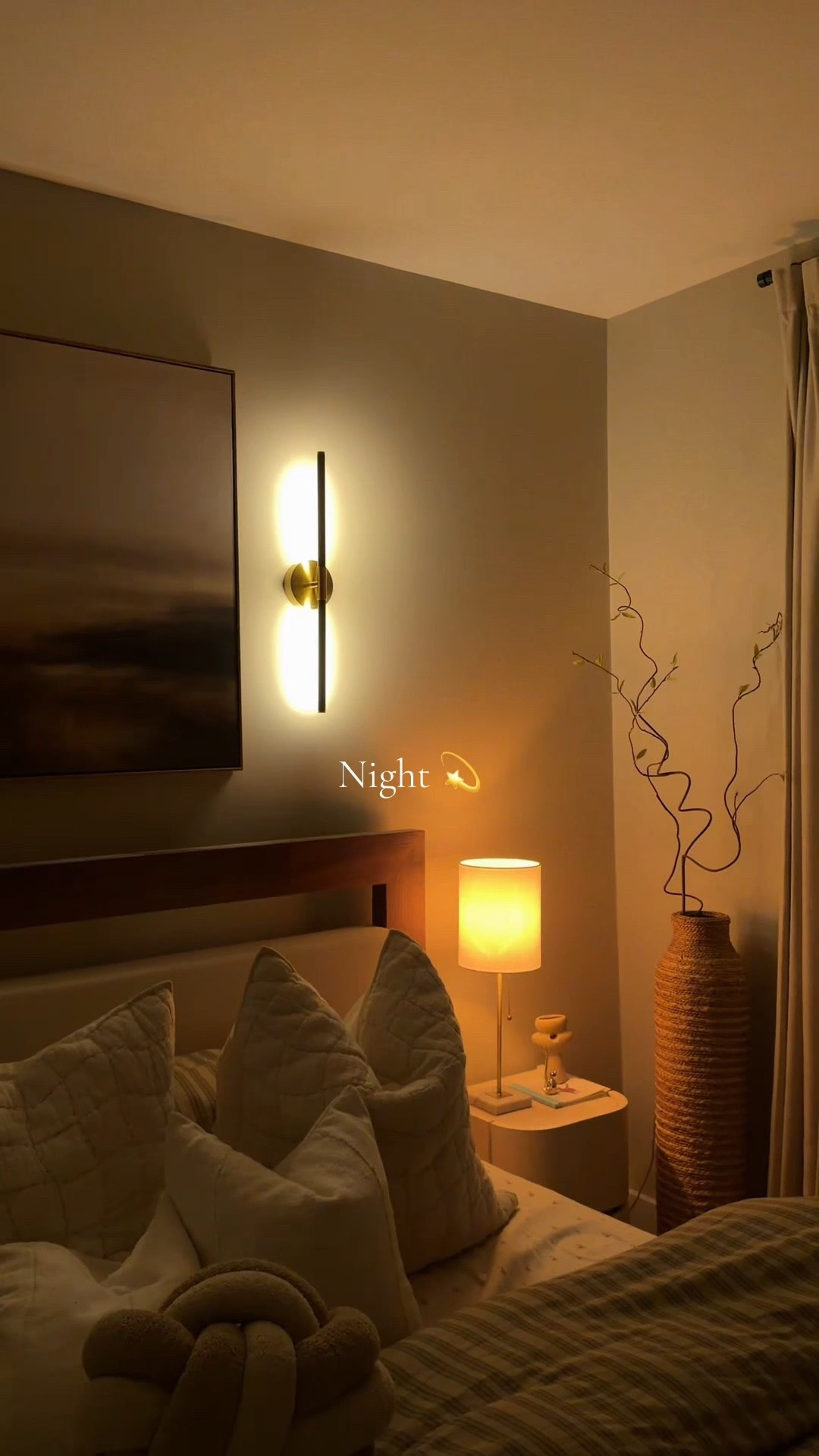 My bedroom has two personalities:

Daytime → calm and collected.
Nighttime → warm, moody, and impossible to leave.

#eveningvibes #ambientlighting #cozylighting #cozybedroom #bedroominspo #earthtonedecor #neautraldecor

#LTKHome #LTKSeasonal #LTKvlog
