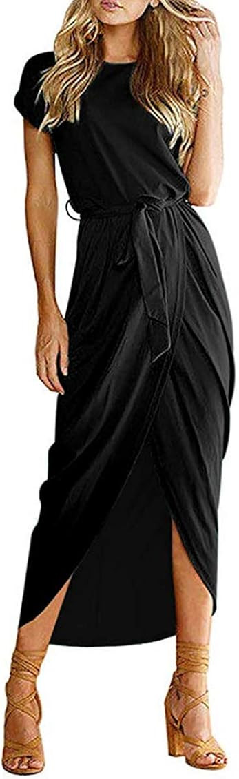 Qearal Women Summer Short/3/4 Sleeve Belted Dress Elastic Waist Slit Long Maxi Dress | Amazon (US)
