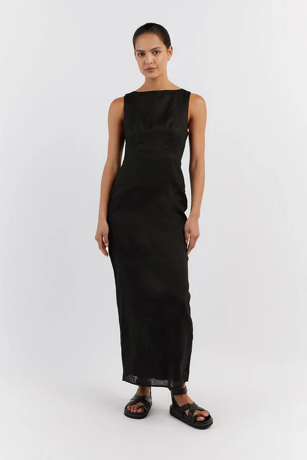 TYLA BLACK LINEN MIDI DRESS | DISSH