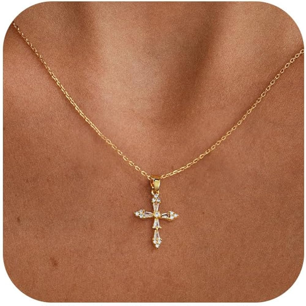 VIROMY Gold Cross Necklace for Women - Dainty Diamond Cross Pendant Necklaces Non Tarnish Waterpr... | Amazon (US)
