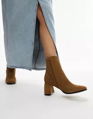 Topshop Nina flared heel sock boot in camel suede | ASOS (Global)