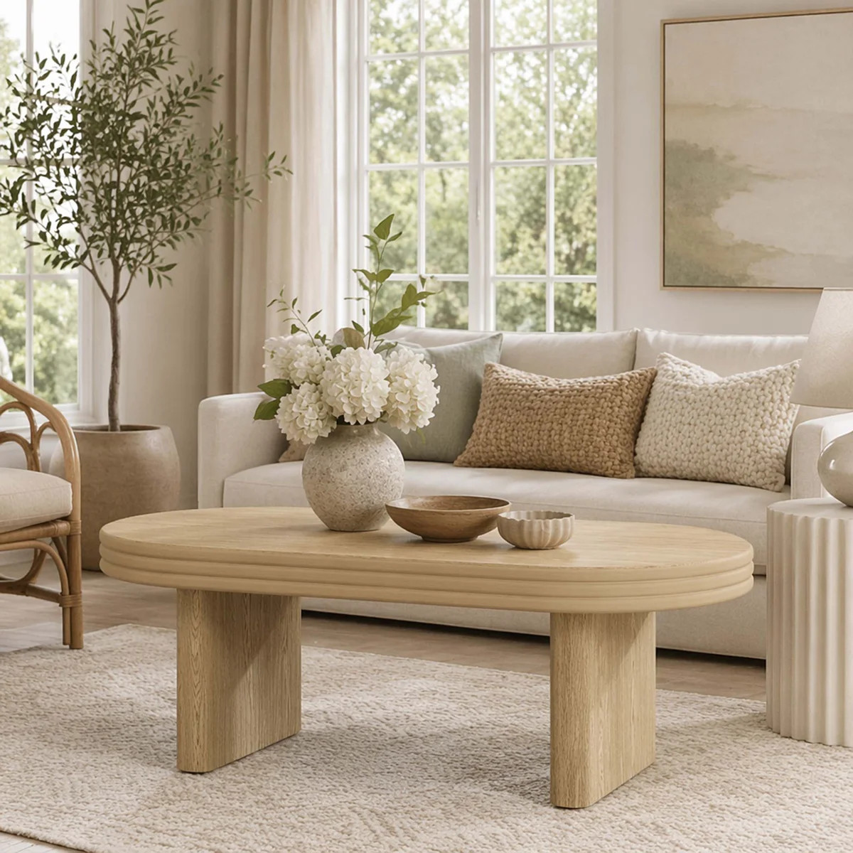 Mid Century Modern Oval Fluted Coffee Table, Farmhouse Wood Coffee Table, Cocktail Table, Center ... | Wayfair North America