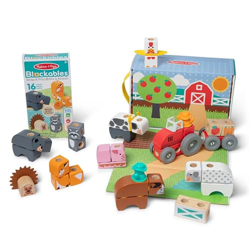 Melissa & Doug Blockables™ Farm and Farm Friends 2-Pack Bundle Connectable Wooden Building Blocks Preschool Play Set Toy | Amazon (US)