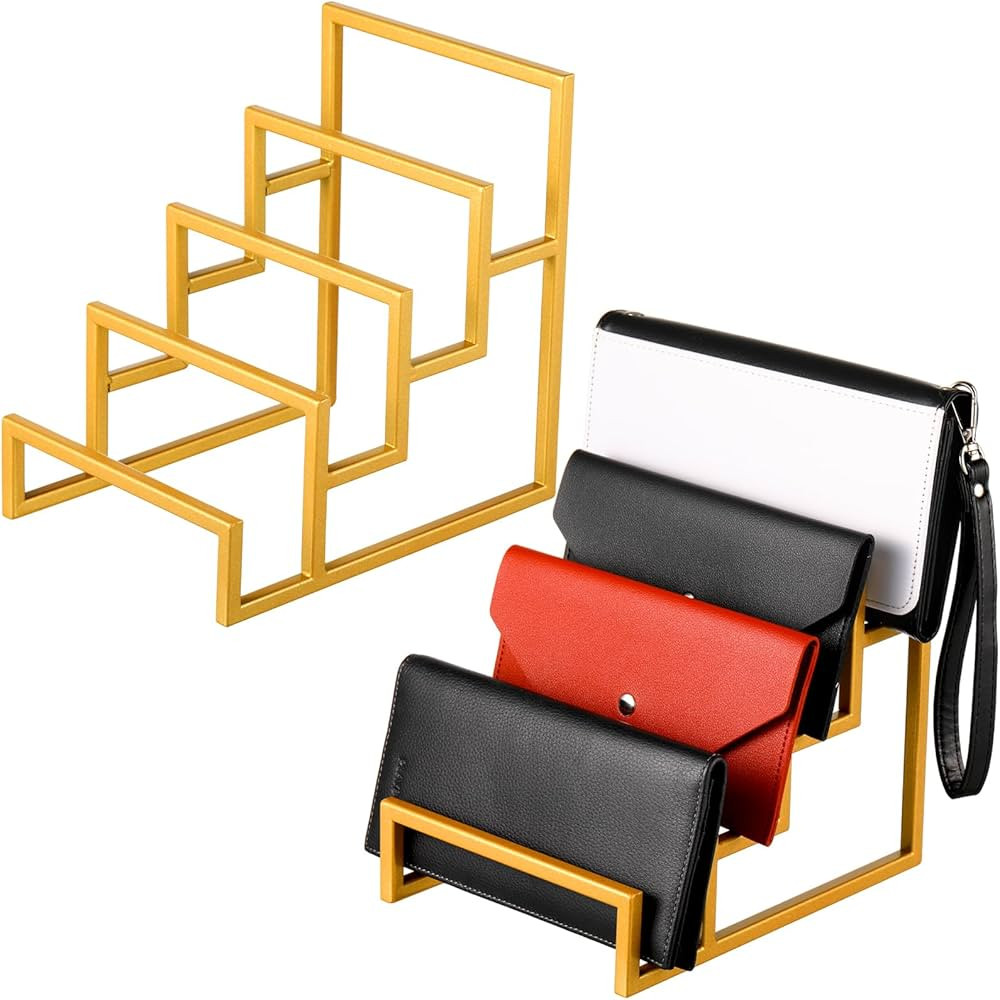 2 Pack Purse Organizer for Closet Display 4 Layer Gold Riser Stand Clutch Purse Organizer Display... | Amazon (US)