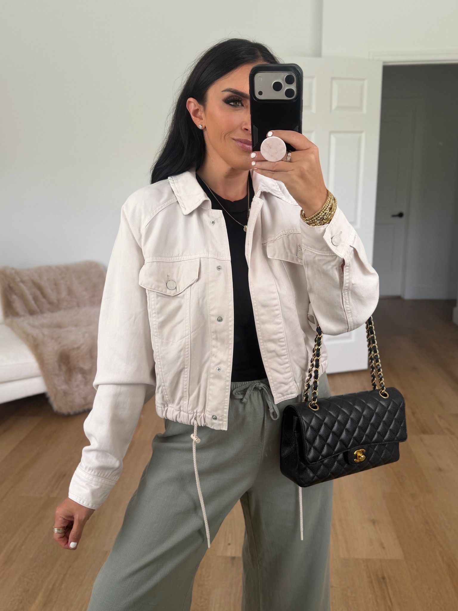 Vitamin A Daybreak Essential Tank wearing size small. Splendid Valerie Pant wearing size small. lounge Denim jacket wearing size smalll