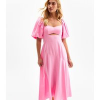 Women's Pink Linen Blend Puff Sleeve Midi Dress New Look | New Look (UK)