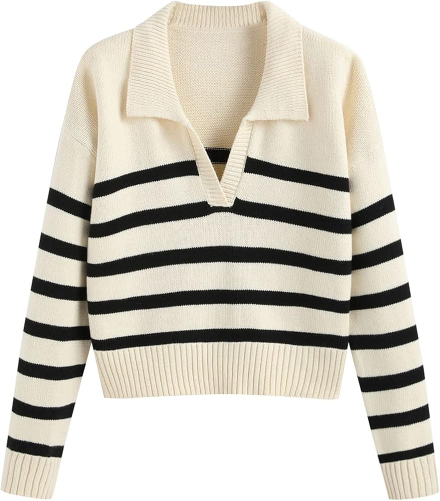 ZAFUL Women's Color Block Striped Sweater Crew Neck Lantern Sleeve Cropped Sweaters Casual Loose ... | Amazon (US)