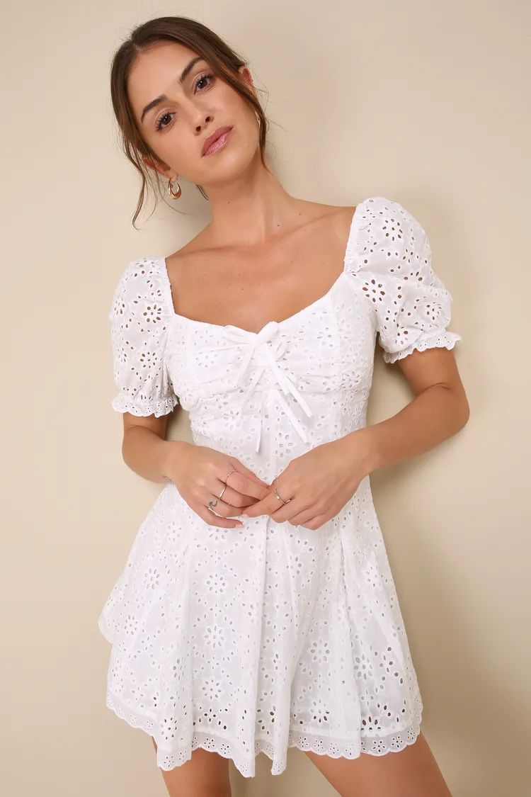 Perfectly Lovable White Eyelet Pleated Puff Sleeve Mini Dress | Lulus