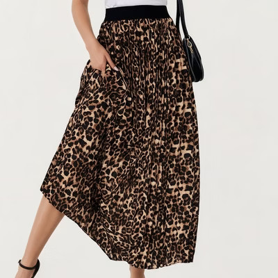 Anna-Kaci Women's Leopard Print Midi Skirt with Flowing Pleated Texture and Comfortable Stretch Waistband for Effortless Movement - Large, Brown | Target