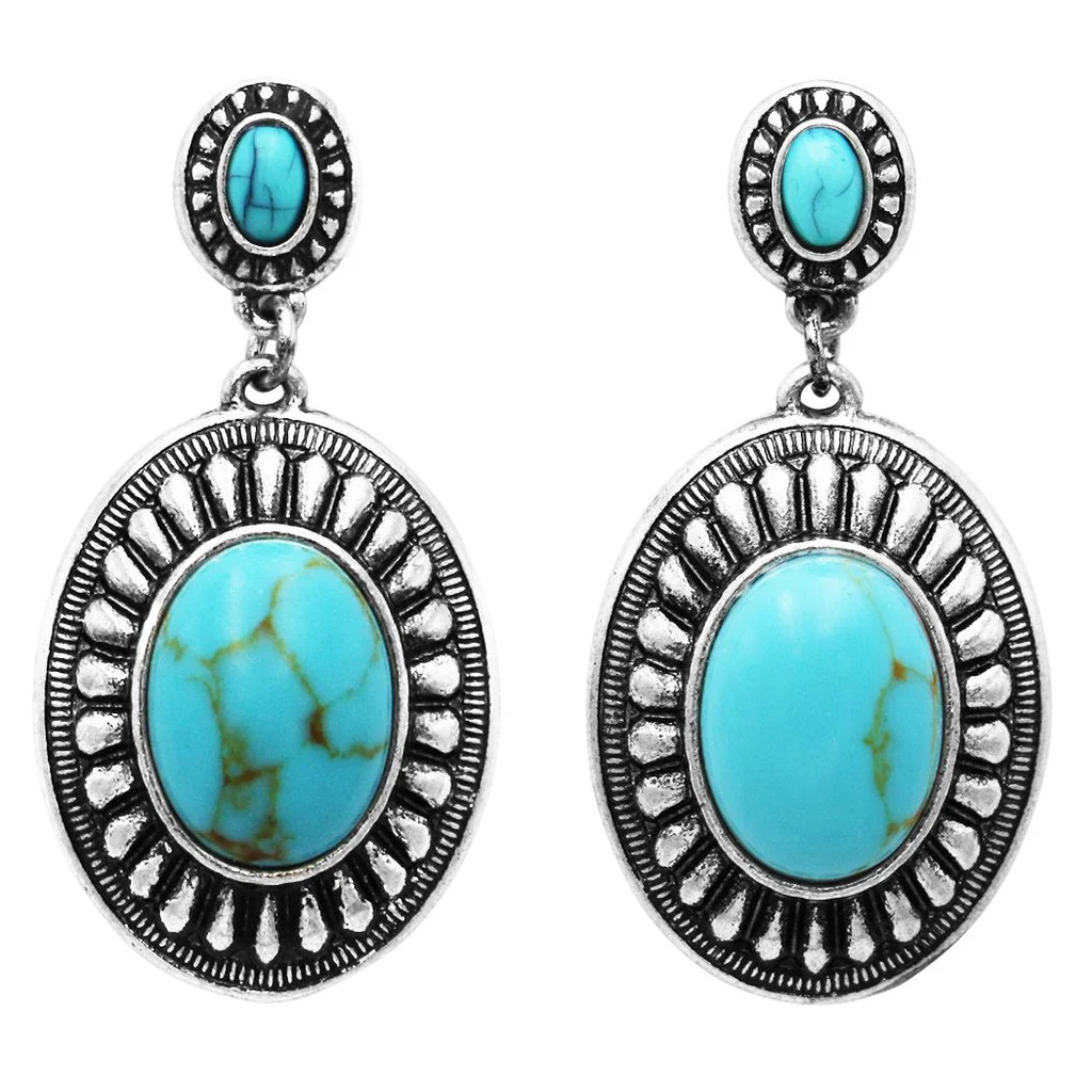 Women's Long Southwestern Double Concho Style Turquoise Drop Dangle Statement Earrings | Rosemarie Collections