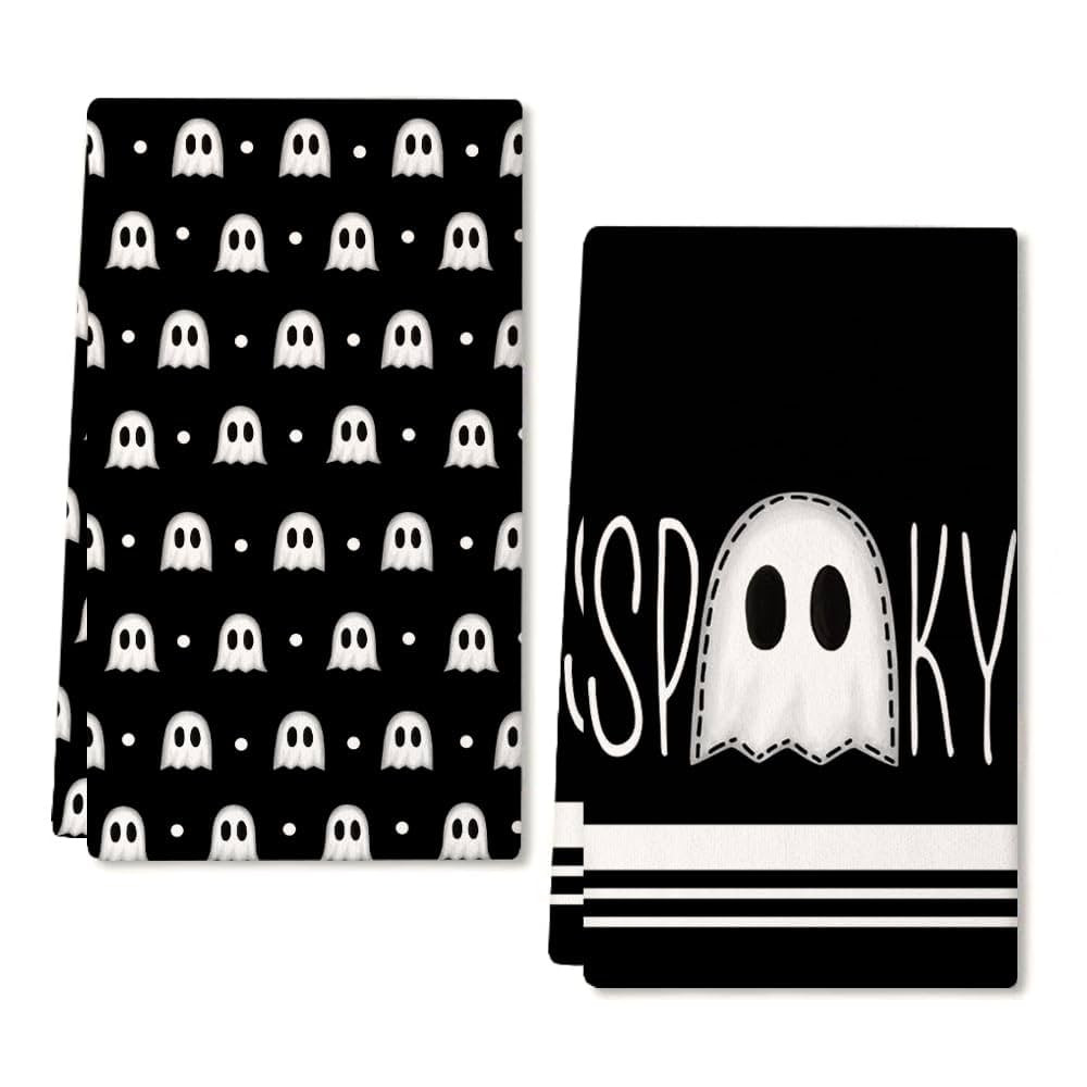 ARKENY Halloween Kitchen Dish Towels Set of 2,Black Ghost Bowknot 18x26 Inch Drying Dishcloth,Far... | Amazon (US)