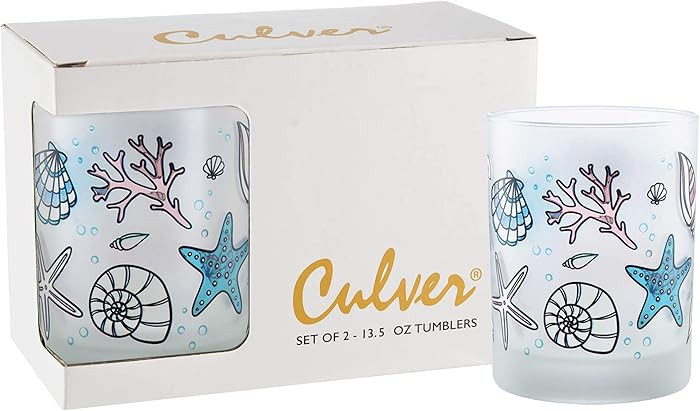 Culver Coastal Decorated Frosted Double Old Fashioned Tumbler Glasses, 13.5-Ounce, Gift Boxed Set... | Amazon (US)