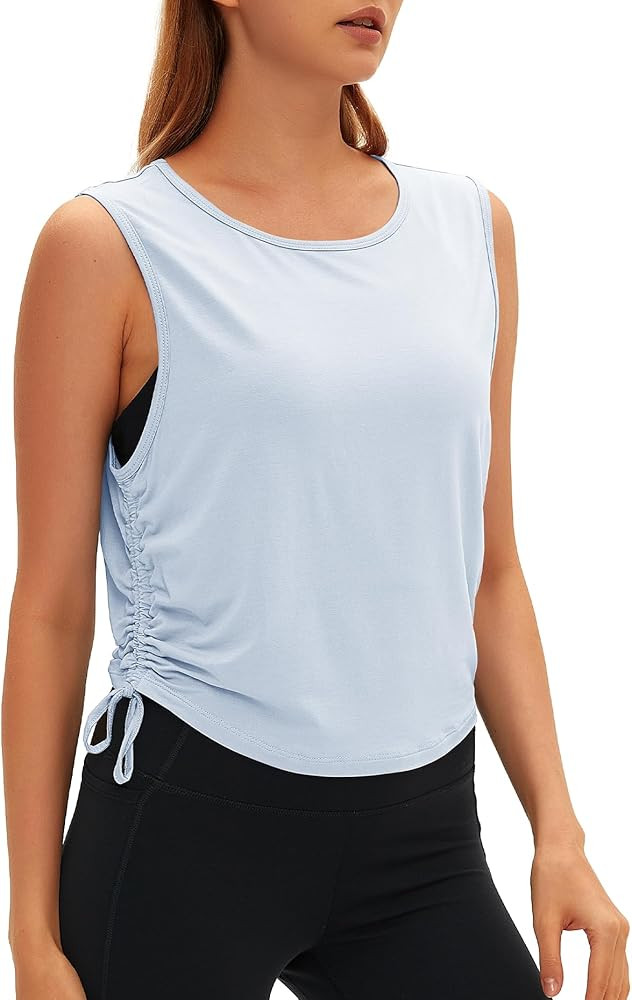 Women Open Back Sleeveless Workout Tops Crew Neck Ruched Side Tanks Athletic Casual Loose Shirts | Amazon (US)