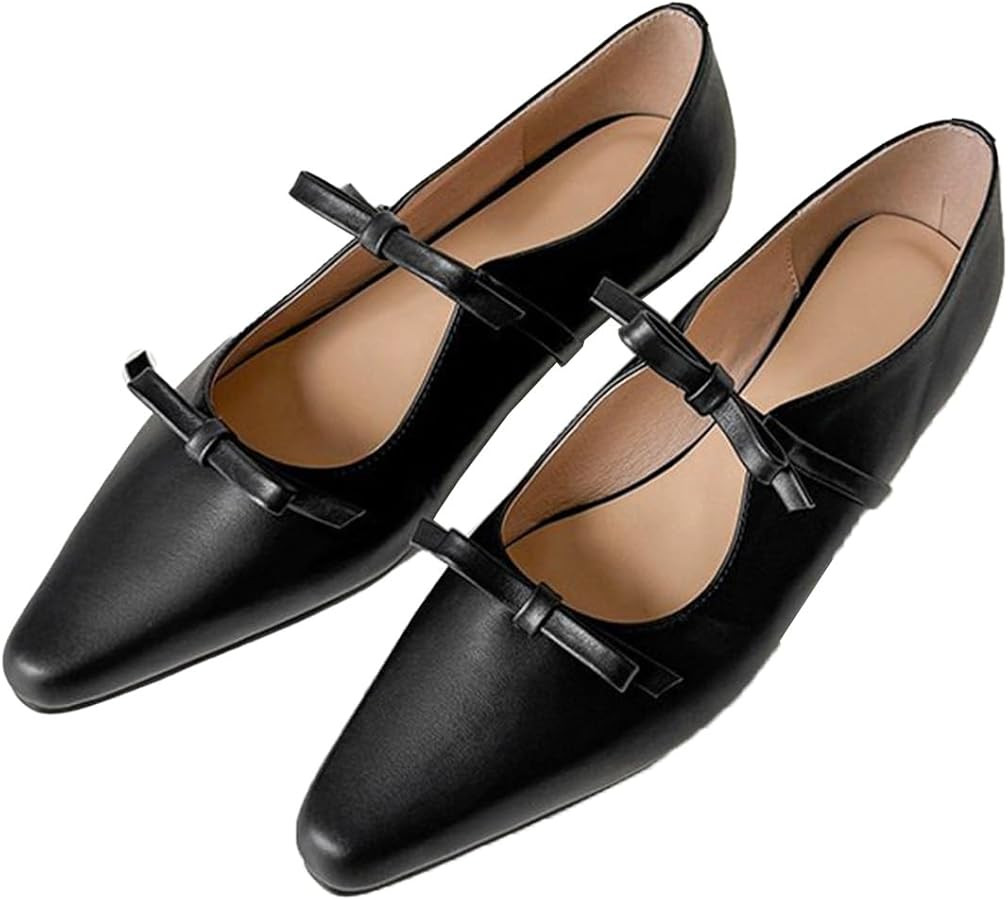 Women's Soft Leather Flat Mary Janes with Cute Bow Ankle Strap Sexy Pointed Toe Slip-On Ballet Fl... | Amazon (US)