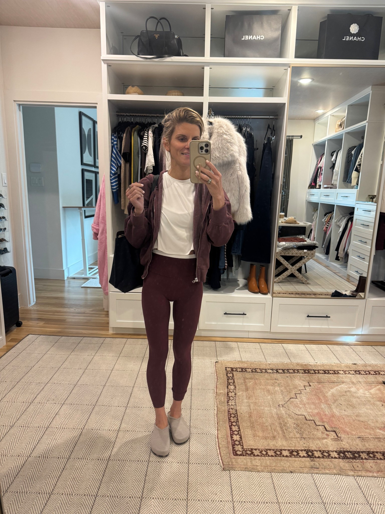 Abercrombie burgundy leggings (XS). RHÔNE whit layering tee (XS). Abercrombie burgundy zip up (XS). Rothy’s clogs (run big) 