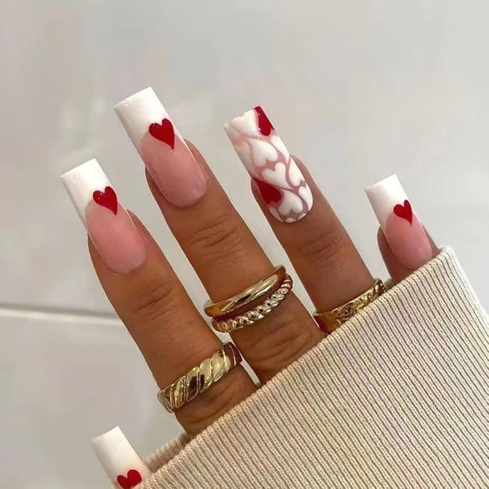 24Pcs Valentine’s Day Press on Nails Long Ballet Coffin French Love Double Color Matching with ... | Amazon (US)