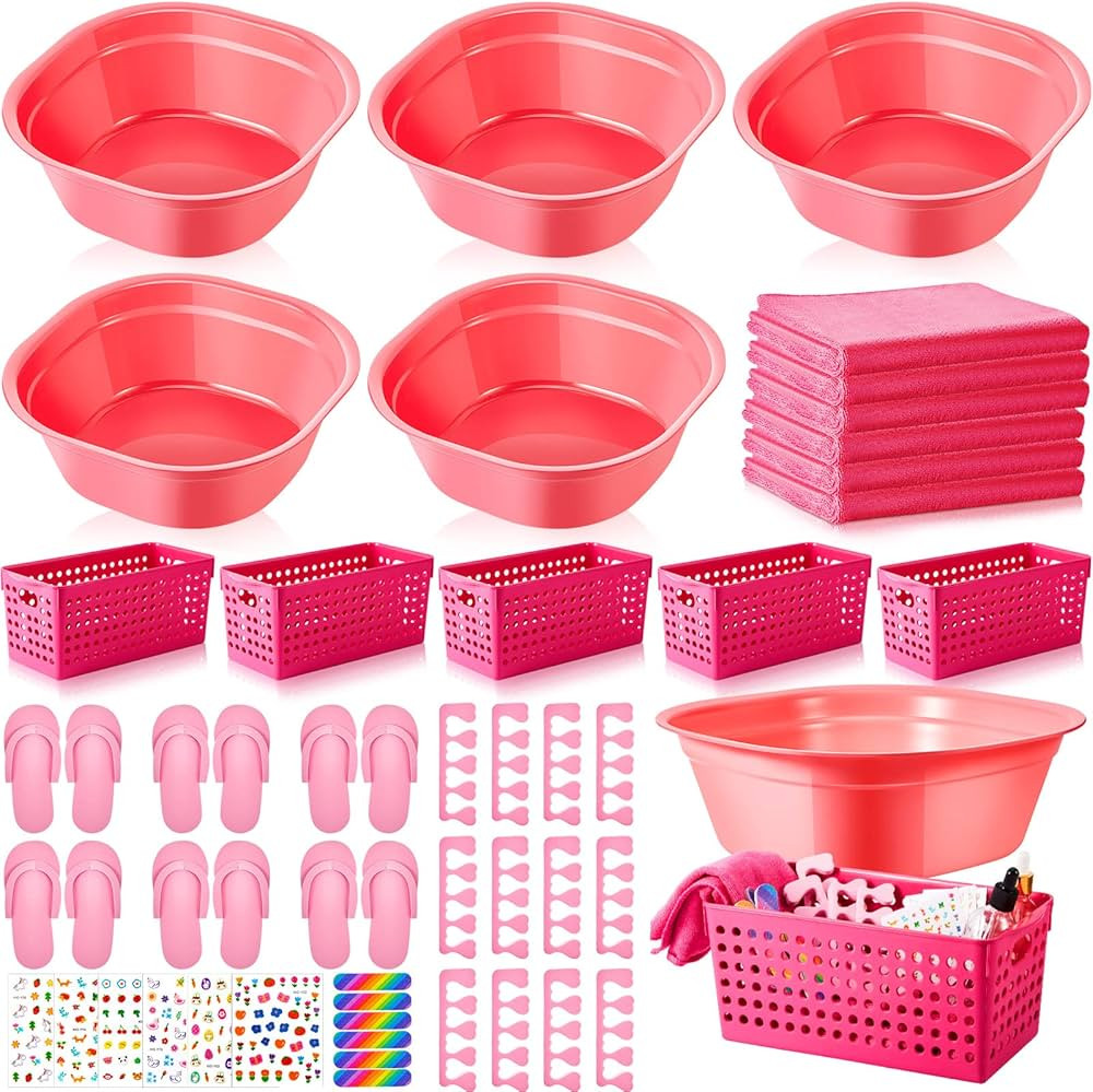 Mumufy 6 Sets Kids Foot Spa Kit for Girl Spa Party with Pink Washbasin Salon Towels Nail Kit for ... | Amazon (US)