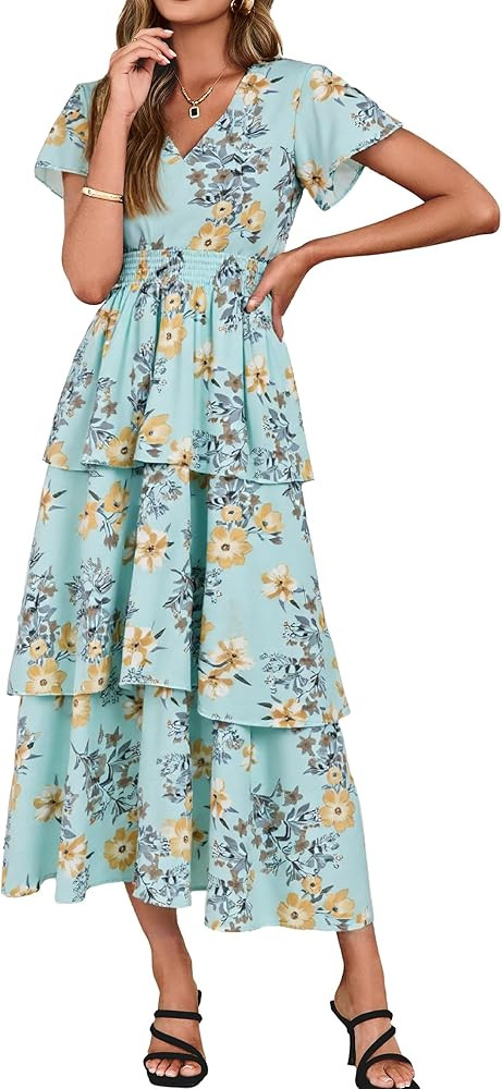 Simplee Women Floral Summer Maxi Dress Boho Flowy Ruffle Tiered Short Sleeves V Neck Long Wedding... | Amazon (US)