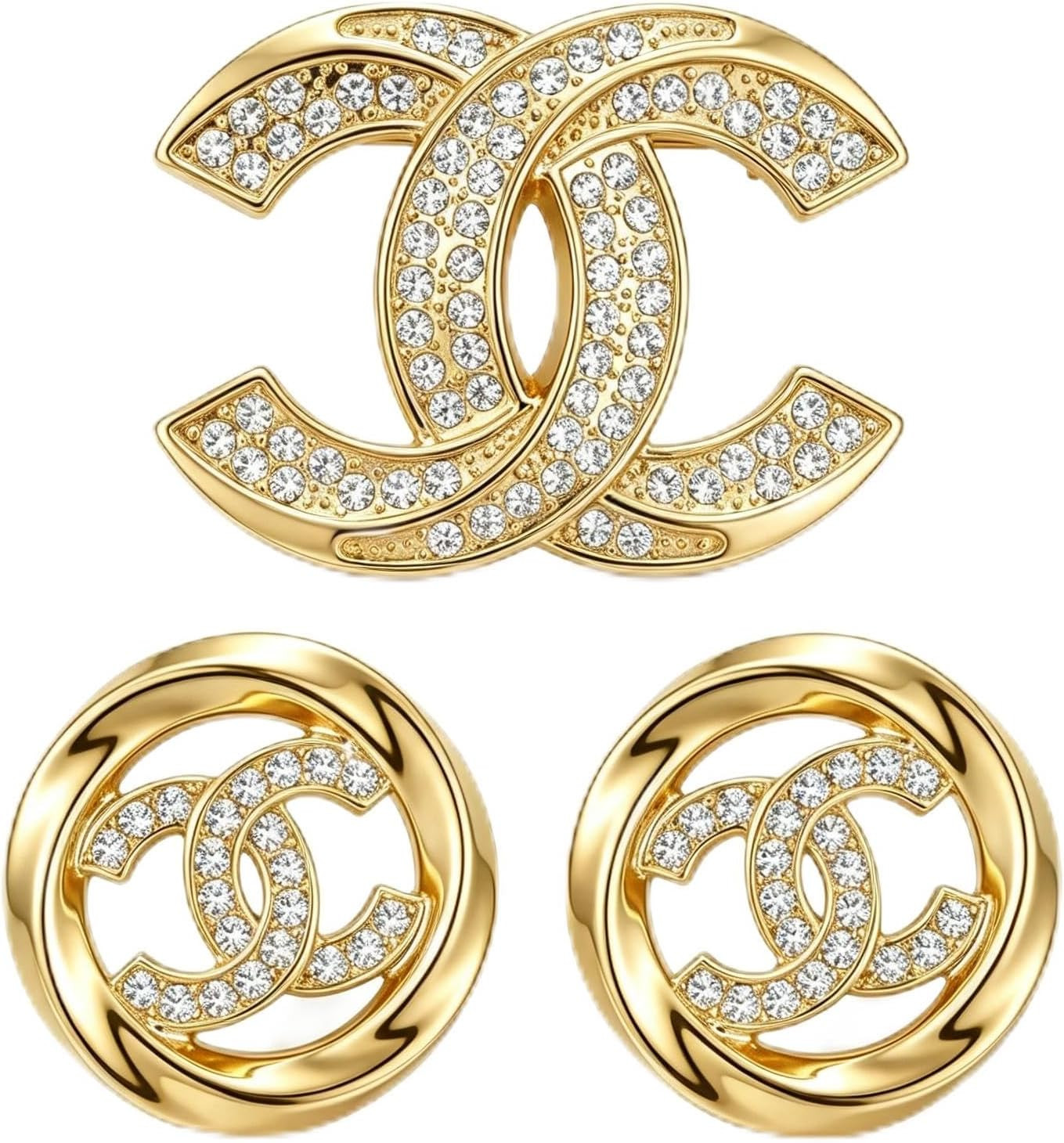 Obluchye Gold Tone Crystal Brooch and Round Stud Earrings Jewelry Set | Amazon (US)