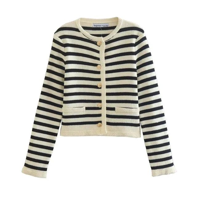 Omelia - Round Neck Striped Button Cardigan | YesStyle Global