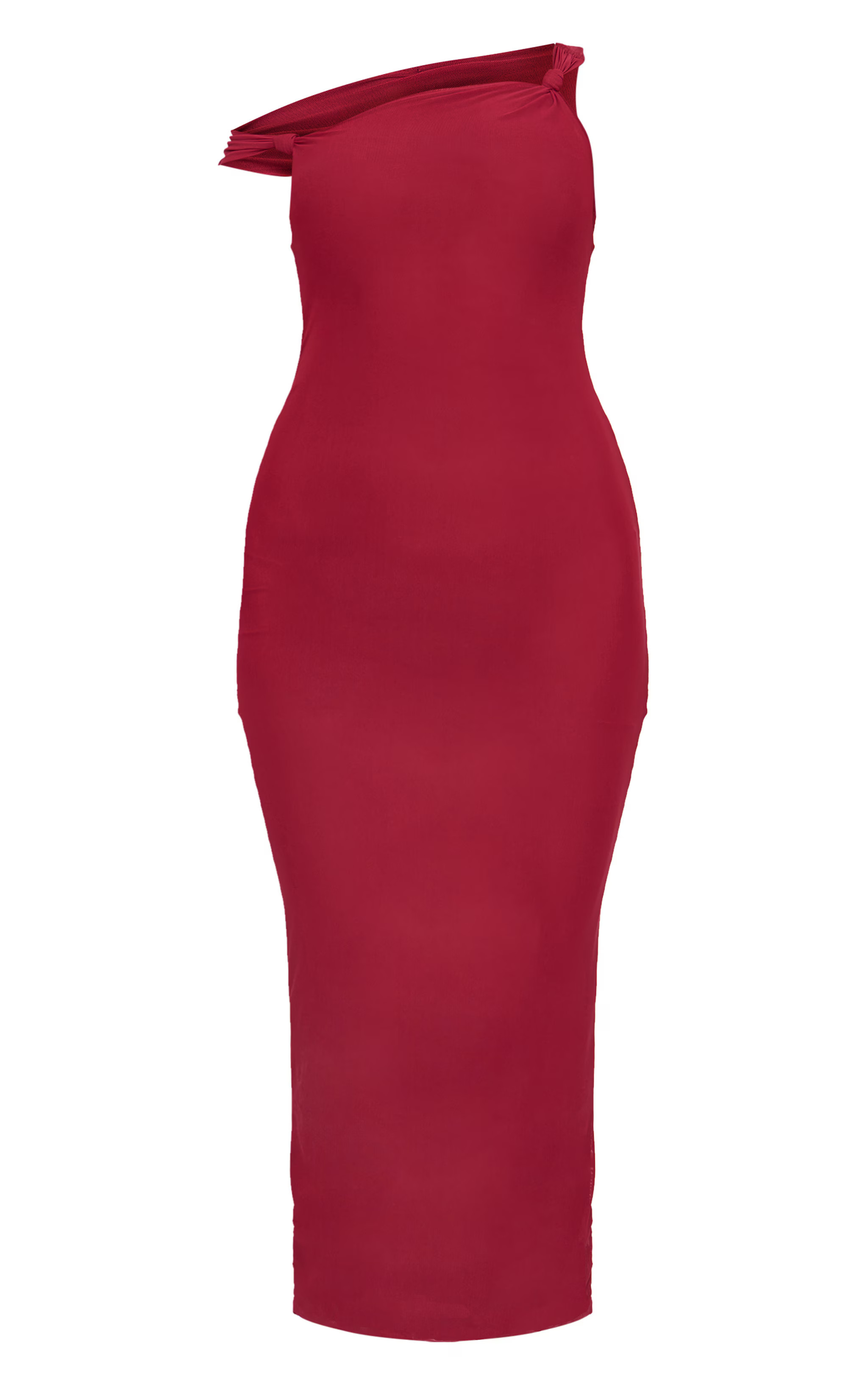 Robe longue asymétrique en mesh doublé bordeaux à détails noués | PrettyLittleThing (FR)