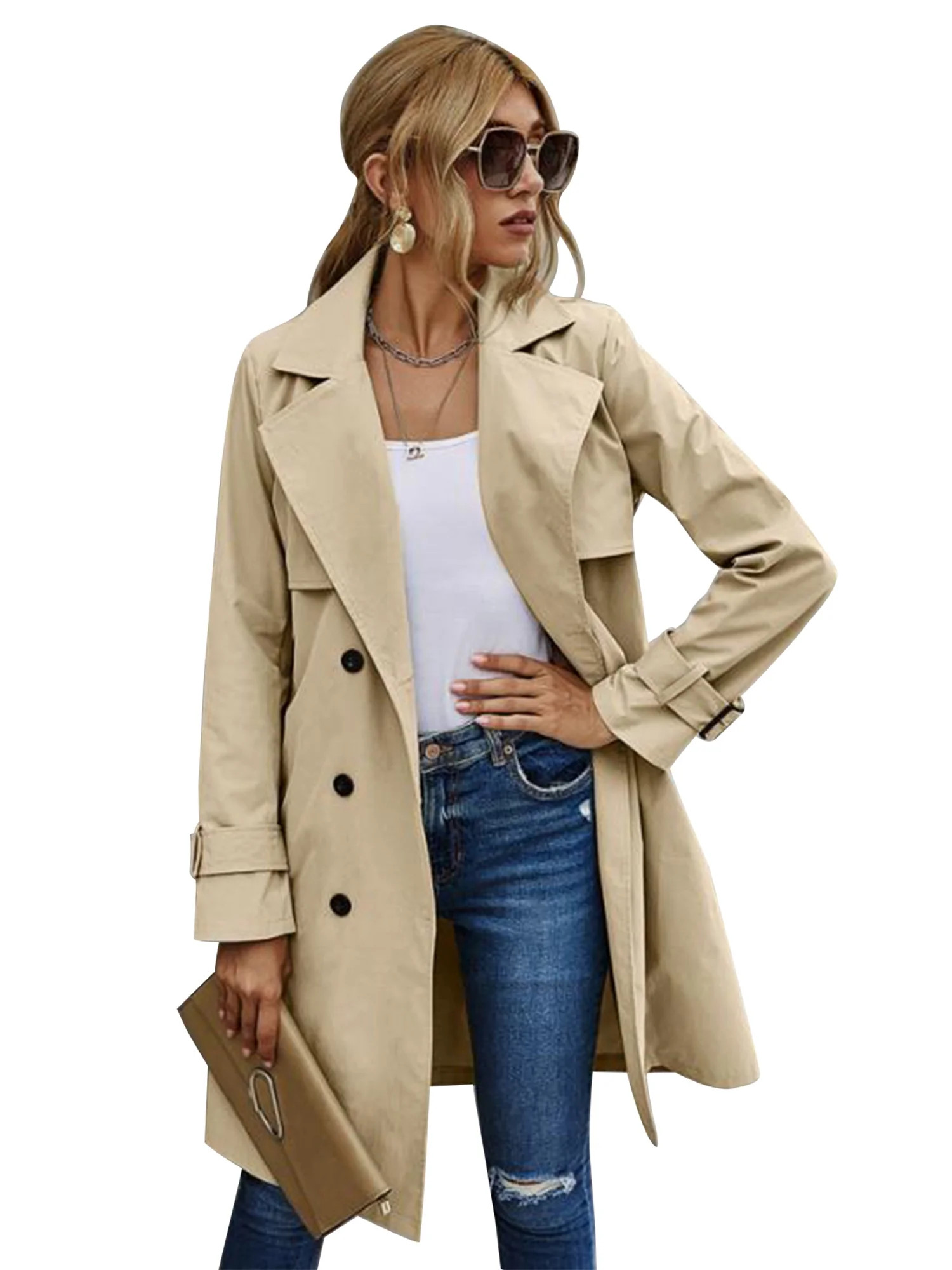 Women's Double-Breasted Trench Coat Classic Turn-Down Collar Overcoat with Belt - Walmart.com | Walmart (US)