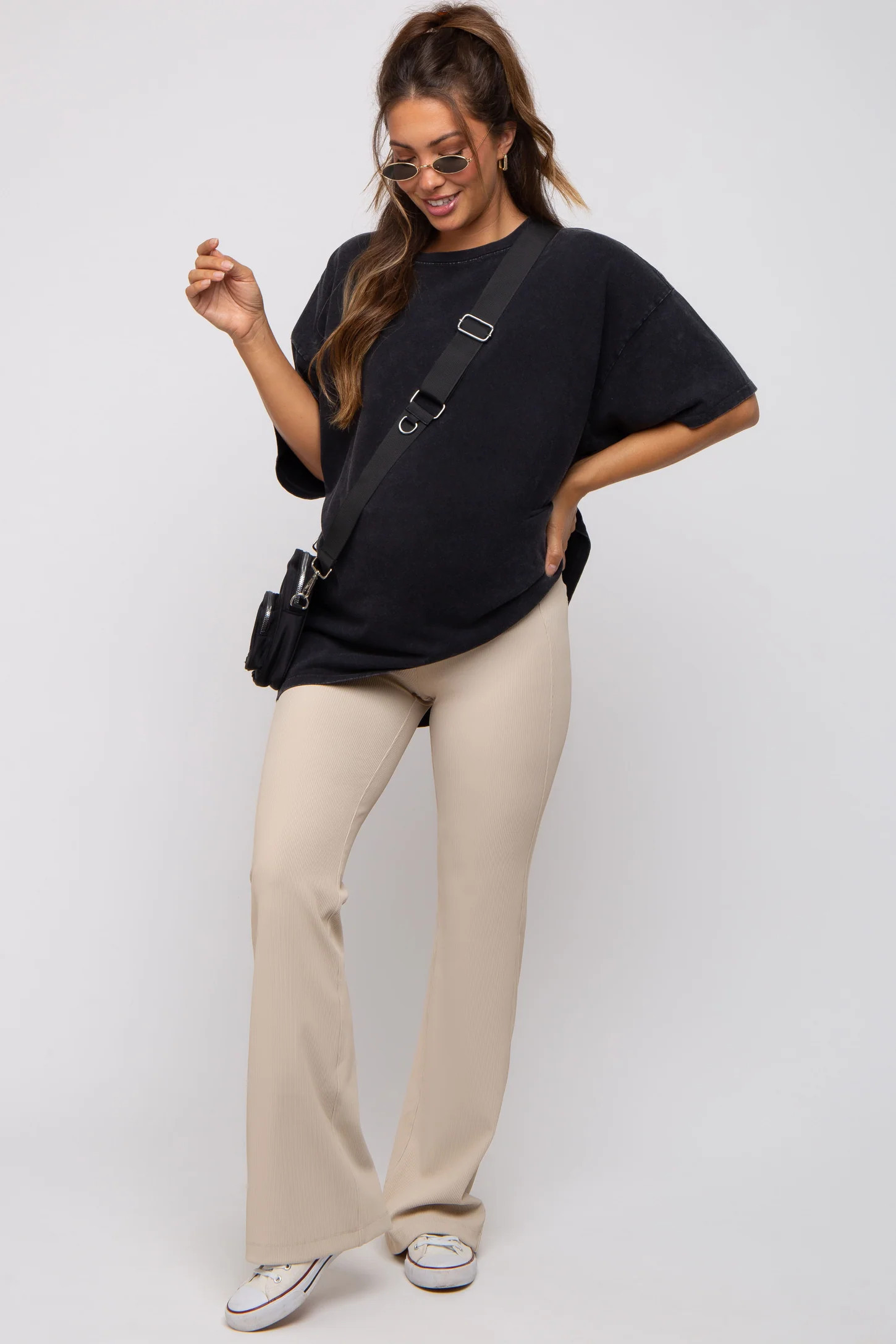 Brown Ribbed Maternity Flared Leggings | PinkBlush Maternity