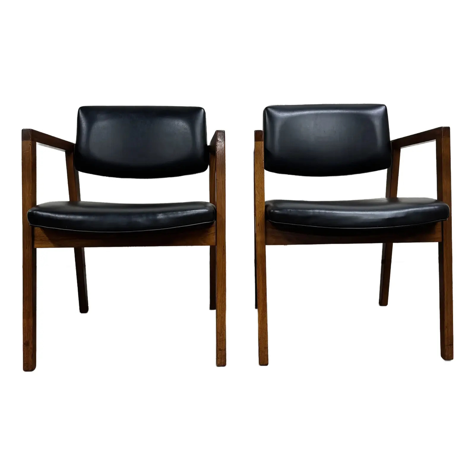 Vintage Imperial Desk Co Mid Century Modern Walnut Black Vinyl Arm Chairs - Pair | Chairish