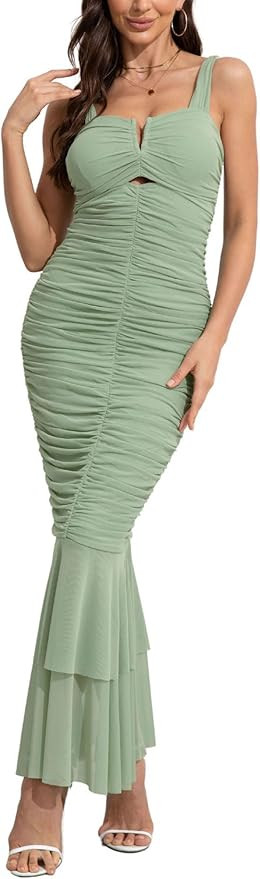chouyatou Womens Strenchy Ruched Bodycon Cocktail Party Dress Maxi Mermaid Corset Dress Evening G... | Amazon (US)
