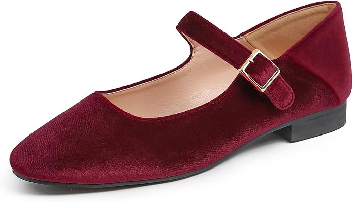 FEVERSOLE Women's Mary Jane Fashion Square Toe Easy Buckle Low Heel Slip On Flats | Amazon (US)