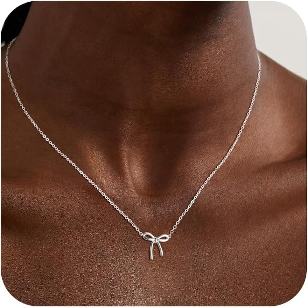 Risamil Silver Plated Necklace for Women - Cute Bow Necklace Dainty Silver Necklace Cubic Zirconi... | Amazon (US)