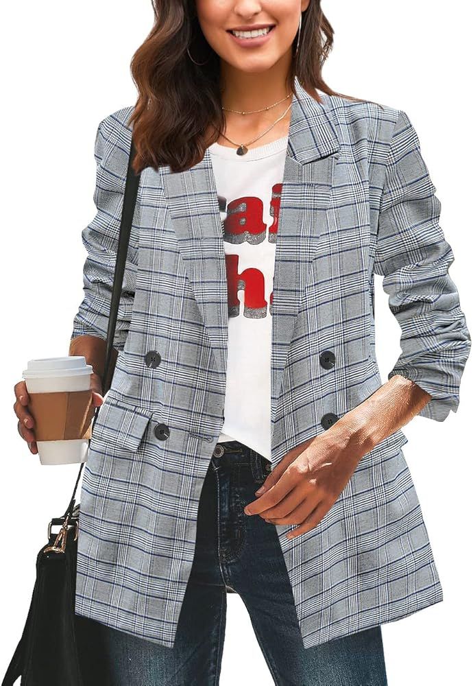 LookbookStore Women's Casual Check Plaid Loose Buttons Work Office Blazer Suit | Amazon (US)