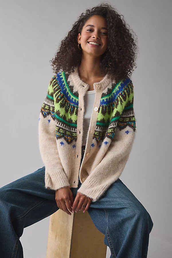 BDG Becca Fair Isle Brushed Knit Oversized Cardigan in Ivory, Women's at Urban Outfitters | Urban Outfitters (US and RoW)