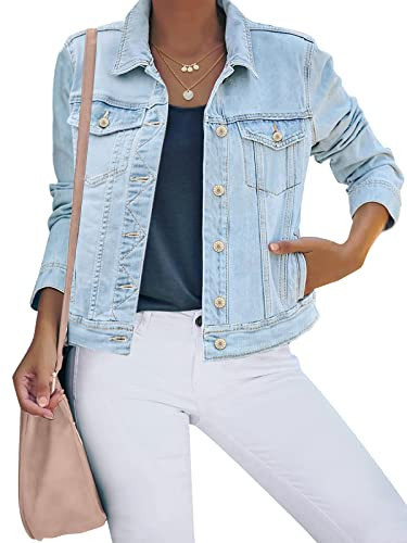 luvamia Women's Casual Basic Button Down Stretch Regular Fit Long Sleeves Denim Jean Jacket Azure Mood Size Medium | Amazon (US)