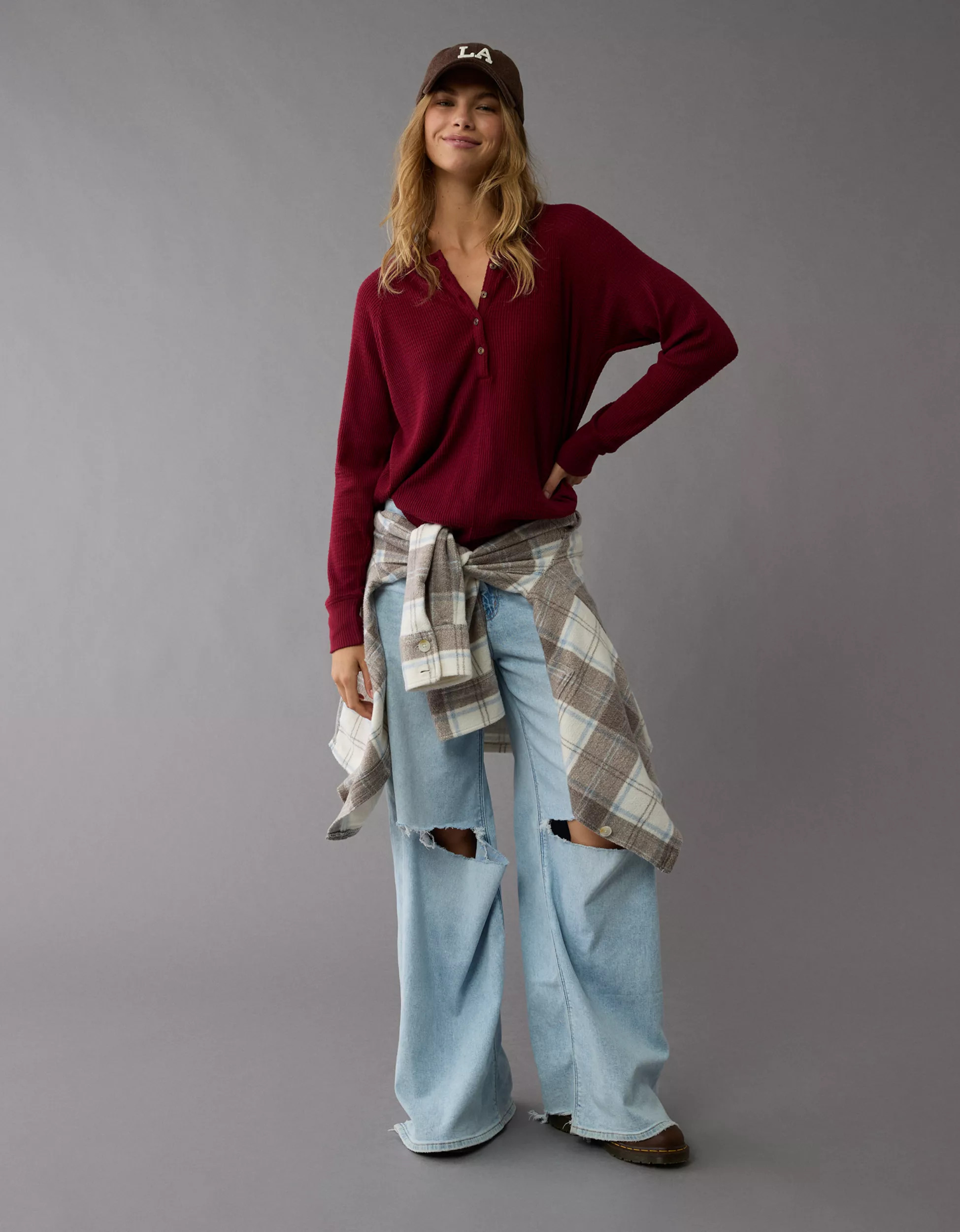 AE Plush Long-Sleeve Henley T-Shirt | American Eagle Outfitters (US & CA)