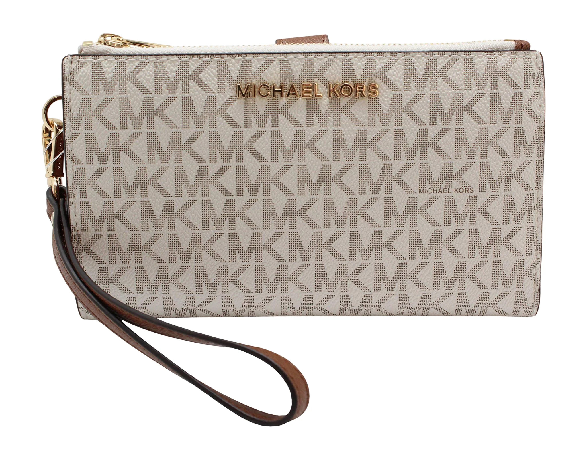 Michael Kors Jet Set Travel Leather Logo Large Double Zip Wristlet Wallet (Vanilla) | Walmart (US)