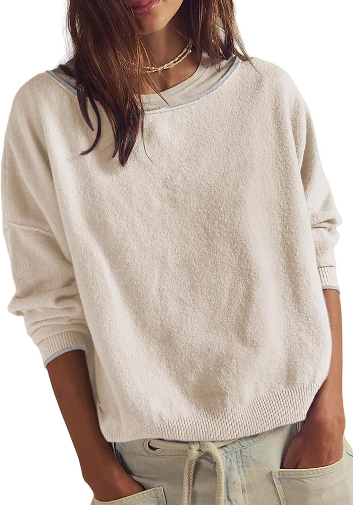 Fall Sweaters for Women 2025 Lightweight Contrast Color Knit Sweater Cropped Long Sleeve Pullover... | Amazon (US)