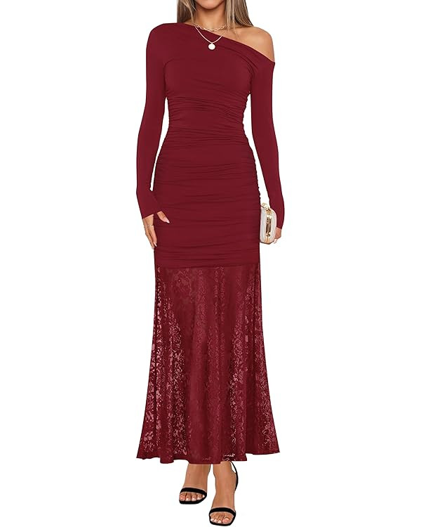 ZESICA Women's Long Sleeve Off Shoulder Bodycon Dresses Fall 2025 Ruched Lace Wedding Guest Cockt... | Amazon (US)