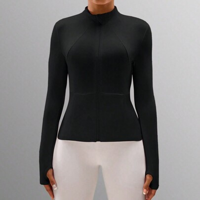 Thumb Hole Design Solid Color Stand Collar Slim Fit Sports Jacket | SHEIN