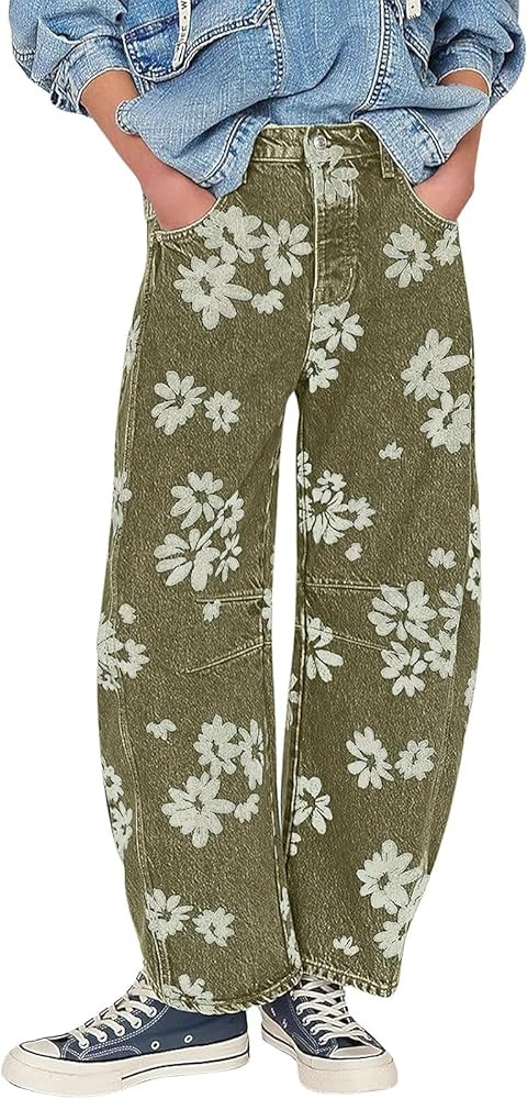 ebossy Women's Retro Floral Print Barrel Jeans Mid Rise Wide Leg Baggy Boyfriend Horseshoe Denim ... | Amazon (US)